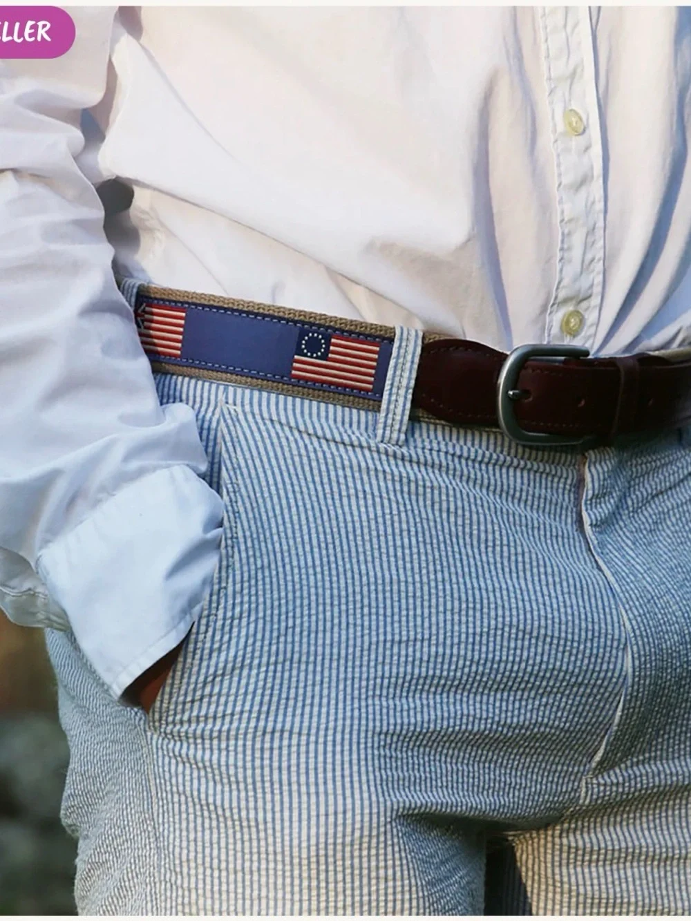 Woven American Flag Club Belt - Brown & Blue